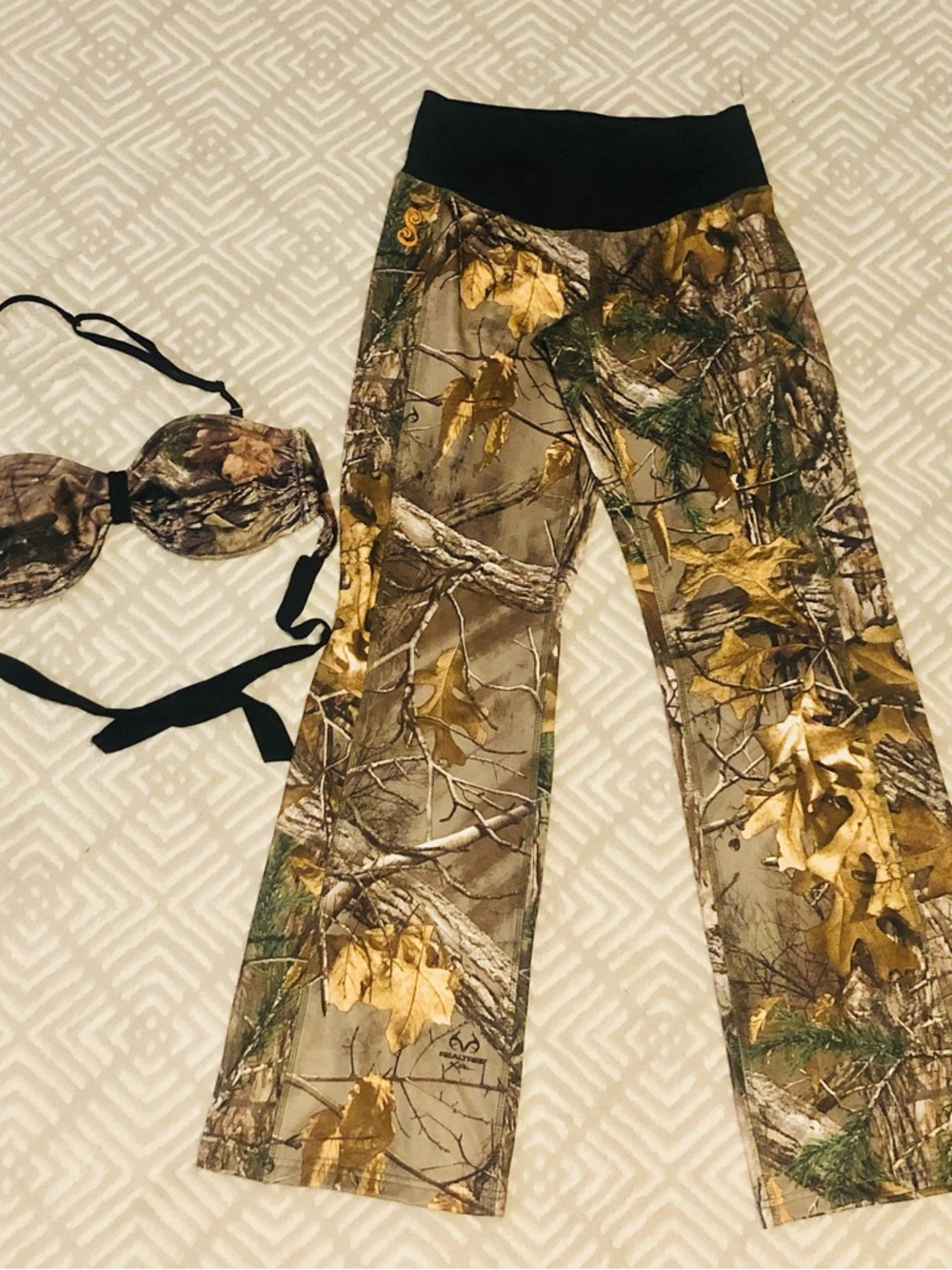 Camo Print Wide-Leg Women's Pants and bikini top.